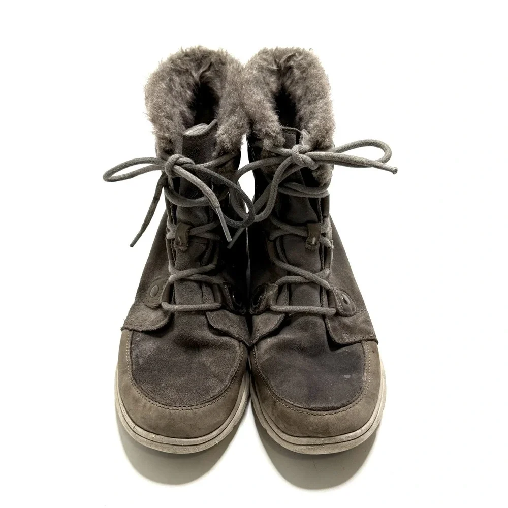 Sorel Winter Boots Womens 9.5 Explorer Joan Gray Suede Faux‎ Fur NL3039-052